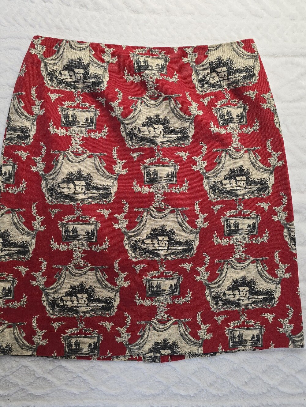 Vintage Talbots Toile Print Pencil Skirt Red Ivory Cotton Cottage Novelty 10